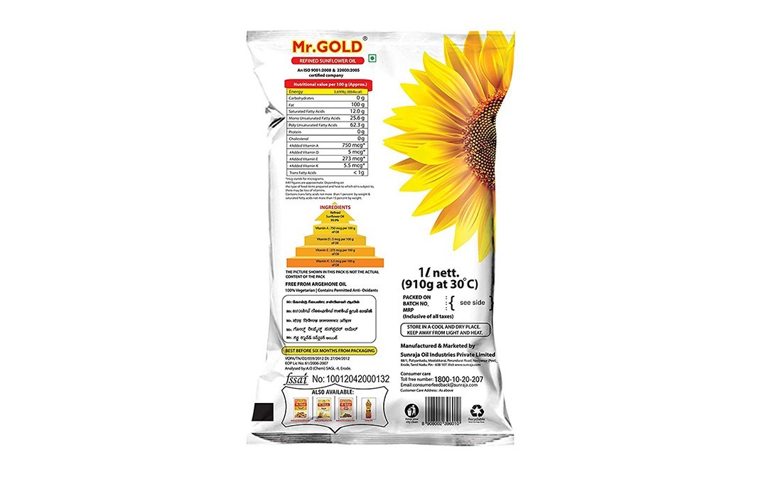 Mr. Gold Refined Sunflower Oil    Pouch  1 litre
